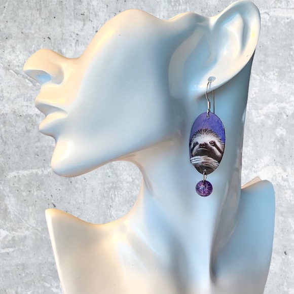 Hand Painted sloth earrings sterling wires, purple bead OOAK wildlife earrings - Picture 2 of 5